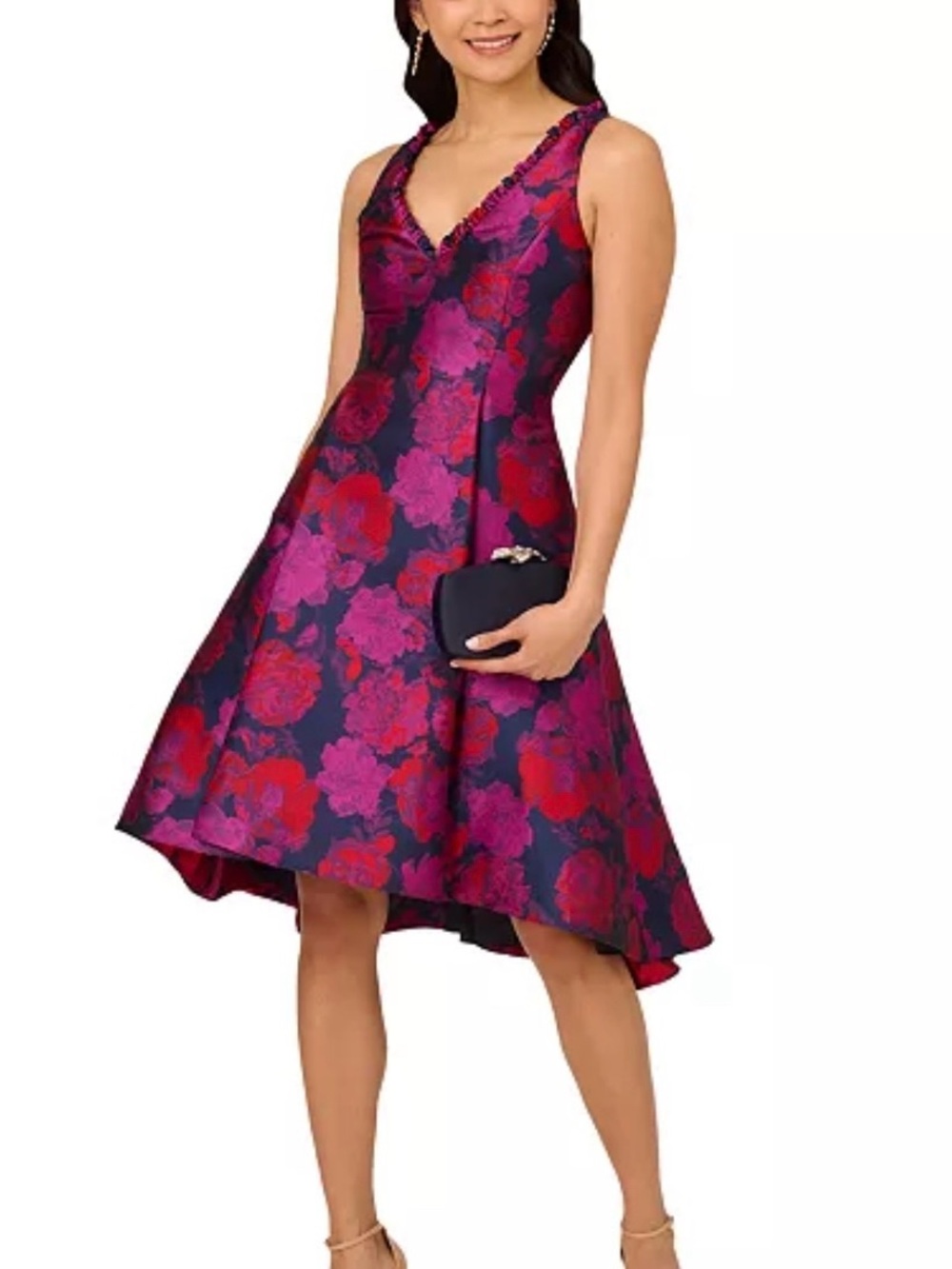 Adrianna Papell Magenta and Navy Floral High-Low Dress
